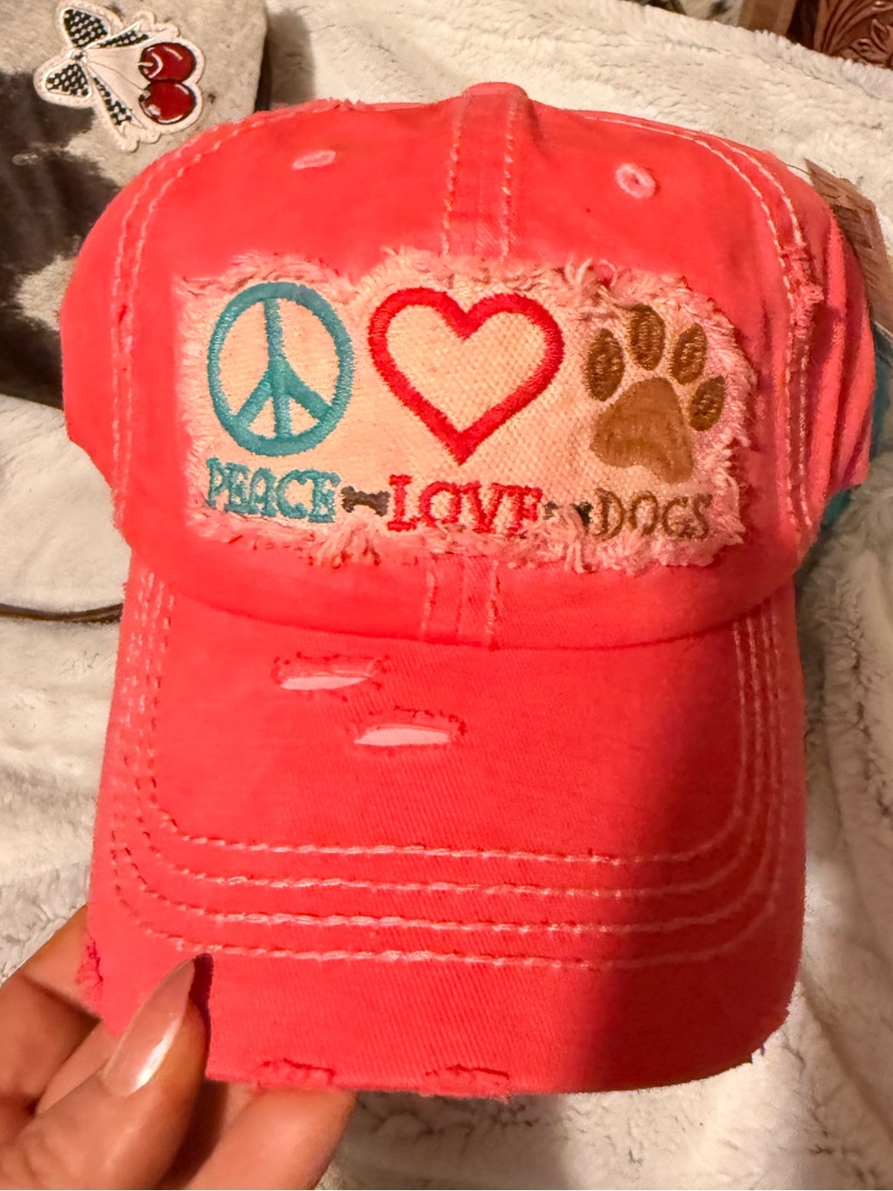 Peace Love Dogs Coral Pink Distressed Baseball Cap